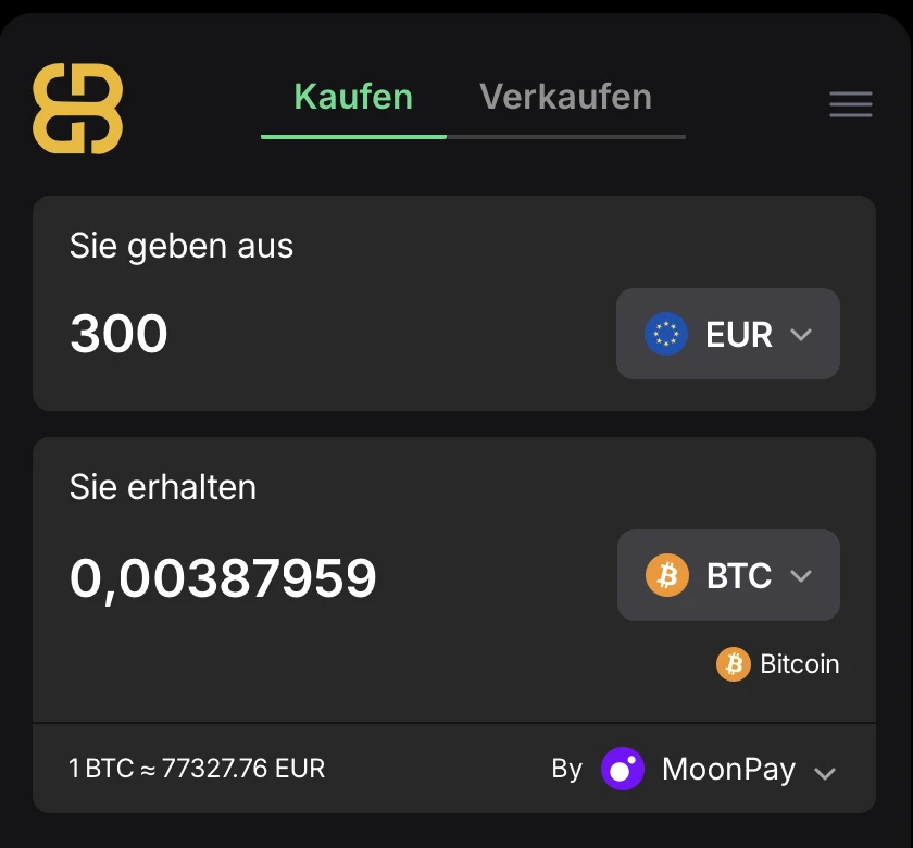 Buy crypto screen in the Borderless Banking app, German interface: spend 300 EUR, receive BTC, via MoonPay